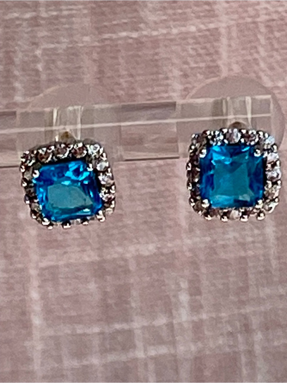 Sterling, silver and simulated blue topaz Halo Square Stud Earrings